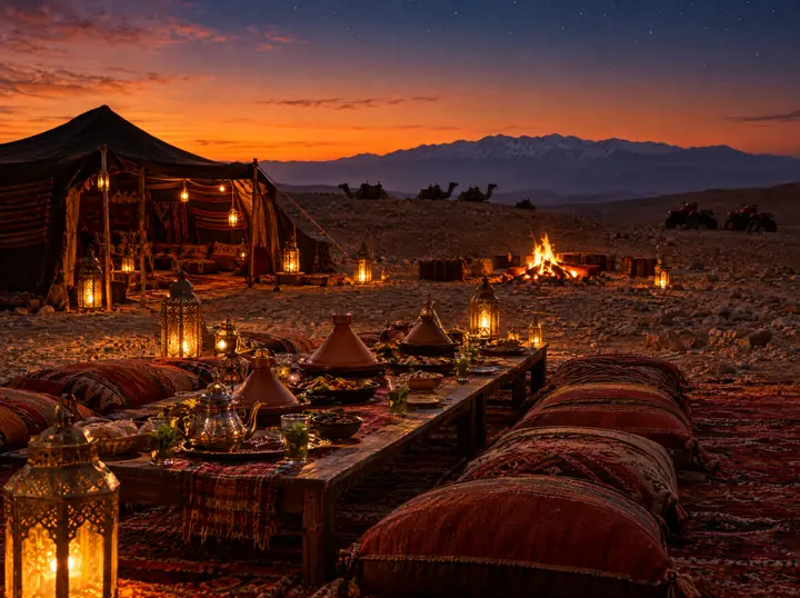 Table set with lanterns in the Agafay desert
