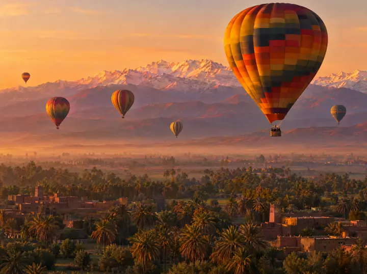 Hot air balloons over the palm groves near Marrakech