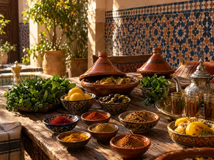 Tagines and spices for the cooking class