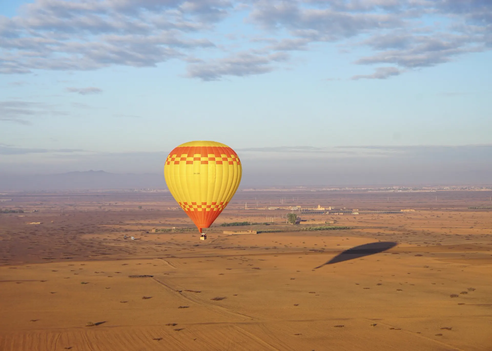 Hot air balloon over the plain near Marrakech