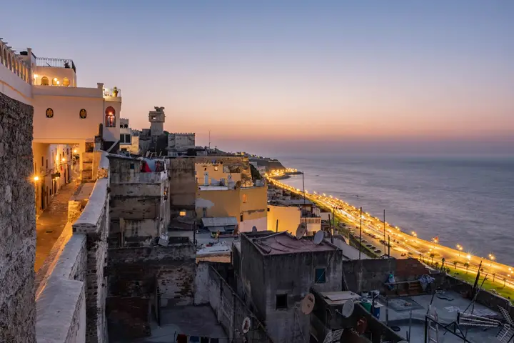 The kasbah of Tangier above the sea at sunset